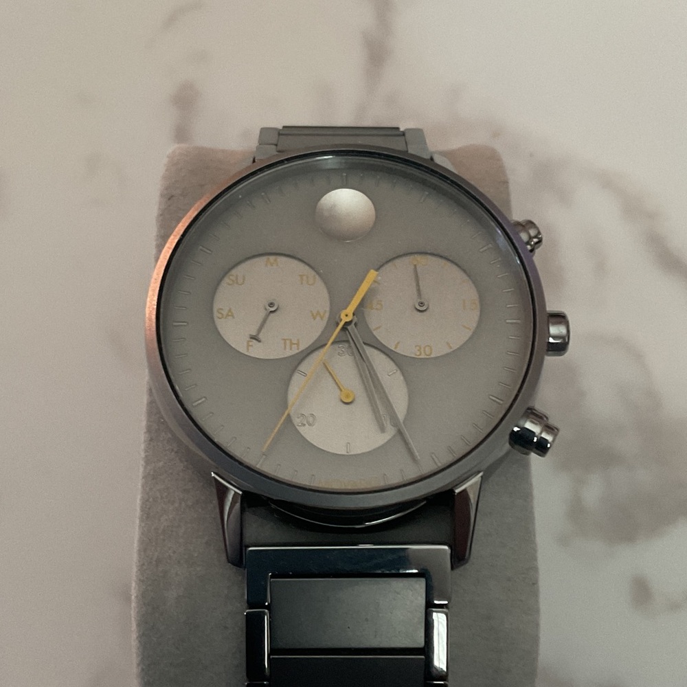 Movado Silver Watch with Gray and Gold Accents